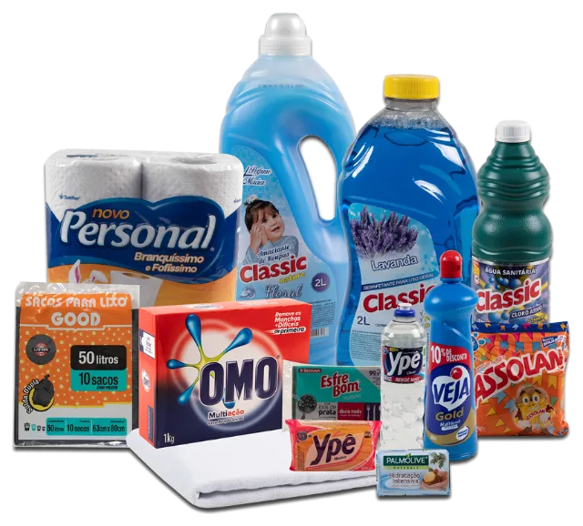 Cesta de higiene e limpeza, com papel higiênico, sabão, detergente e produtos de limpeza